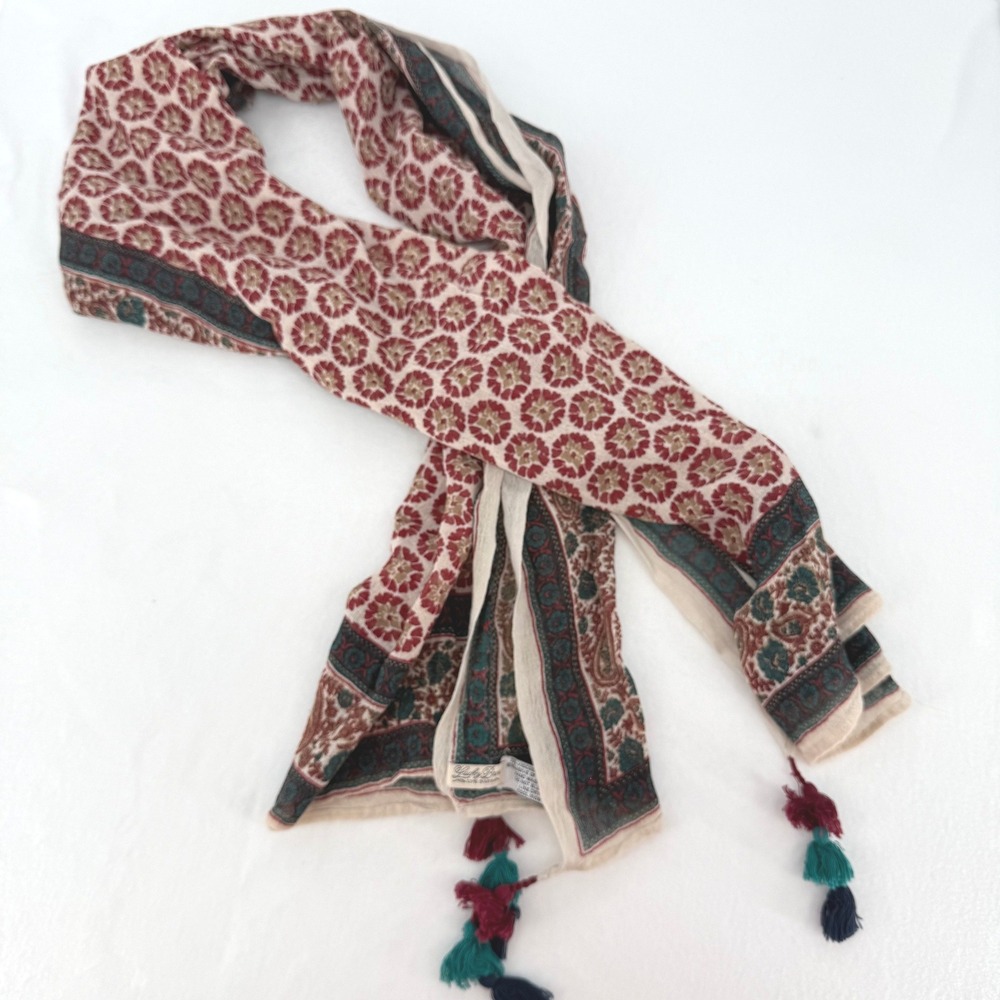 Lucky Brand Scarf Womens Red Teal Floral Paisley Wool Blend Tassel Trim